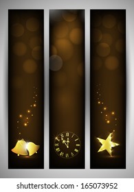 Merry Christmas website banner set with golden star, jingle bell and clock on brown background.  