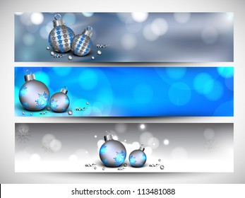 Merry Christmas website header or banner set decorated with evening balls, snowflakes and lights. EPS 10.