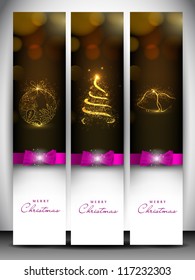 Merry Christmas website header and banner with Xmas ball, Xmas tree and jingle bell. EPS 10.
