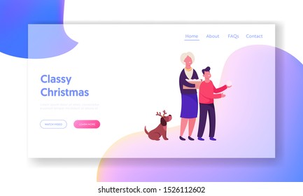 Merry Christmas Website Landing Page. Grandmother with Grandson and Funny Dog Prepare for New Year Celebration, Granny and Boy Holding Decoration Toys Web Page Banner. Cartoon Flat Vector Illustration