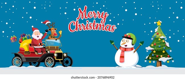 Merry christmas website landing page santa, reindeer, snowman and christmas tree. Merry Christmas cutout element for Holiday cards, invitations and website celebration