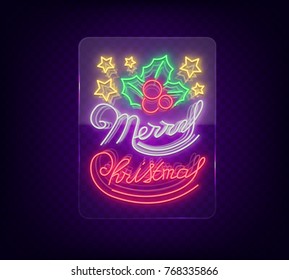 Merry Christmas, welcome card, done in neon style isolated. Neon sign on the Christmas theme. Bright banner, bright festive night sign. Vector illustration. Neon sign on transparent glass.