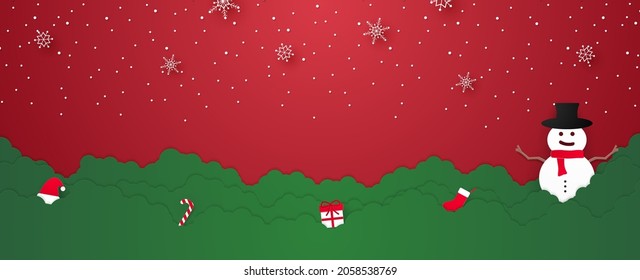 Merry christmas, welcome snowman with stuff and snowfall in paper art style