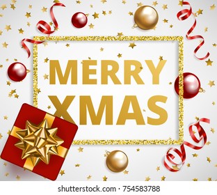 Merry Christmas white background with gift and baubles