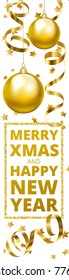 Merry Christmas white background with golden serpentine streamers