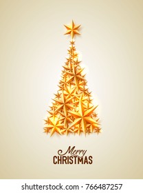 Merry Christmas white background with Christmas Tree made of golden stars. Vector illustration.