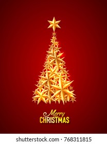 Merry Christmas white background with Christmas Tree made of golden stars. Vector illustration.