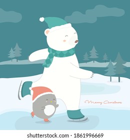 Merry Christmas with white bears and penguins walking on snow-capped mountains.