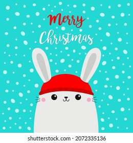 Merry Christmas. White bunny rabbit hare head face. Red hat. Happy New Year. Greeting card. Cute cartoon kawaii baby character. Funny animal. Flat design. Hello winter. Blue snow background. Vector