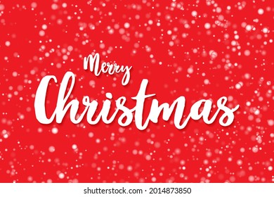 Merry Christmas white calligraphic lettering on red background with snowflakes flying and falling. Cool Merry Christmas greeting card, banner holiday design. White snow on red background