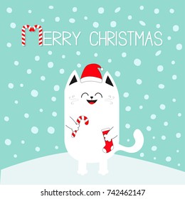 Merry Christmas. White cat holding candy cane, sock. Red Santa Claus hat. Cute funny cartoon character on snowdrift. Flat design. Blue winter background with snow. Vector illustration