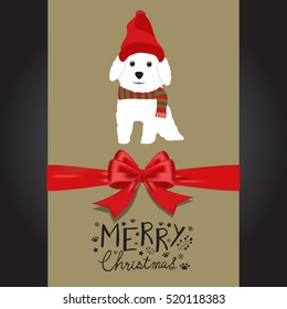 Merry christmas white dogs in the red hat hand lettering vector. illustration EPS10.
