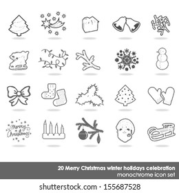 Merry Christmas white gray delicate border winter holidays celebration monochrome icon set