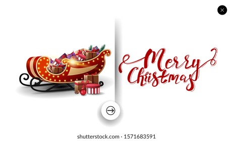 Merry Christmas white greeting postcard in minimalistic style for website with Santa Sleigh with presents