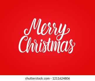 Merry Christmas white hand drawn lettering text inscription. Vector illustration isolated on red background. Holiday Greeting Design classic card 2019