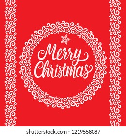 Merry Christmas white hand drawn lettering text inscription. Vector illustration round winter lace ornament frame and strip on red background. Holiday Greeting Design classic card 2019