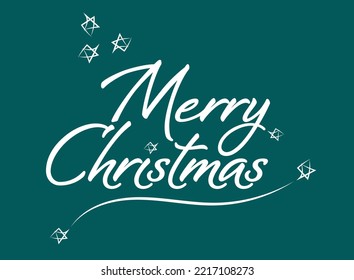 Merry Christmas white hand lettering on a green background with stars and swirls winter holiday design, vector illustration.