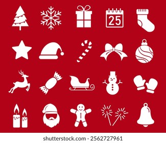 merry christmas white icon set on red background. Happy new year xmas decorative symbol collection. vector illustration flat design.