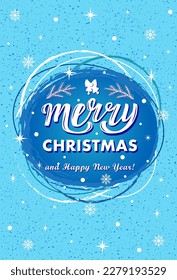 Merry Christmas white lettering on textured background. Hand drawn vector illustration with text decor for greeting card or decor and advertising. Positive holiday festive quote for banner or concept