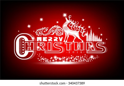 Merry christmas white lettering with pattern and deer on red background