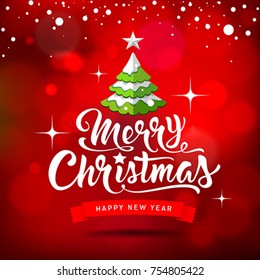 Merry Christmas white lettering with Christmas tree design on red background, vector illustration