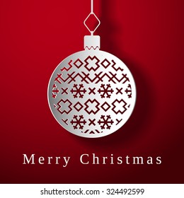 Merry Christmas, white paper christmas ball on red background