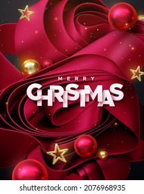 Merry Christmas white paper sign on red fabric ribbon background with balls, stars and sparkles. Vector holiday 3d illustration. Festive new year banner. Christmas decoration design