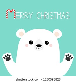 Merry Christmas. White polar bear holding hands paw print. Cute cartoon funny kawaii baby character. Happy New Year. Greeting Card. Flat design. Blue background. Greeting card. Vector illustration