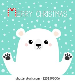 Merry Christmas. White polar bear holding hands paw print. Cute cartoon funny kawaii baby character. Happy New Year. Greeting Card. Flat design. Greeting card. Blue snow background Vector illustration