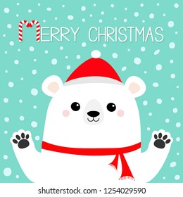 Merry Christmas. White polar bear holding hands paw print. Red scarf, hat. Cute cartoon funny kawaii baby character. Happy New Year. Greeting Card. Flat design. Blue snow background. Vector