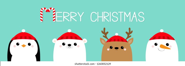 Merry Christmas. White polar bear Snowman Raindeer Deer Penguin bird face head icon set. Happy New Year. Cute cartoon kawaii funny baby character. Greeting card. Flat design Blue background. Vector