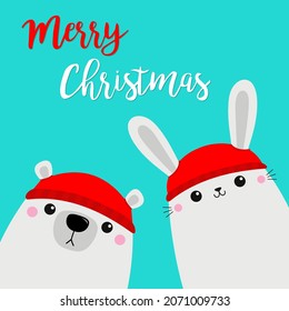 Merry Christmas. White polar bear bunny rabbit head face set. Red hat. Happy New Year. Greeting card. Cute cartoon kawaii baby character. Funny animal. Flat design. Hello winter Blue background Vector