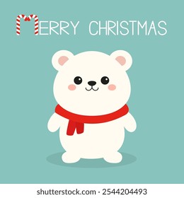 Merry Christmas. White polar bear in red scarf. Funny smiling face. Cute kawaii cartoon baby character. Candy cane. Greeting Card, sticker print. Childish style. Green background. Flat design. Vector