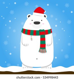 Merry Christmas white polar bear wear Santa hat and scarf on snow flake blue background.