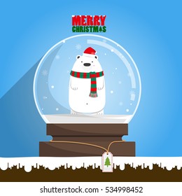 Merry Christmas white polar bear in snow globe on blue background. Snow flake falling inside