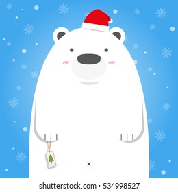 Merry Christmas white polar bear wear Santa hat on snow flake blue background.