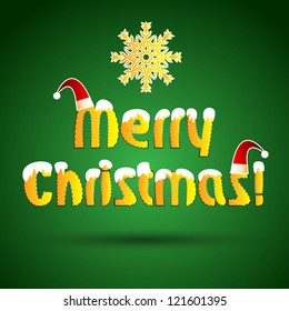 merry christmas with white snow and Christmas tree. Illustration.