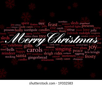 merry christmas in white surrounded by lots of red holiday words
