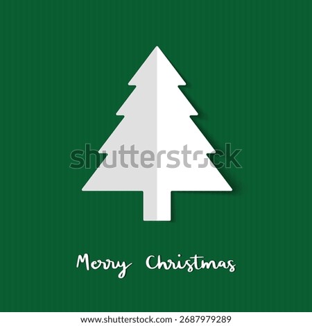 Merry Christmas with white Christmas tree paper cut on green background. Greeting card.
