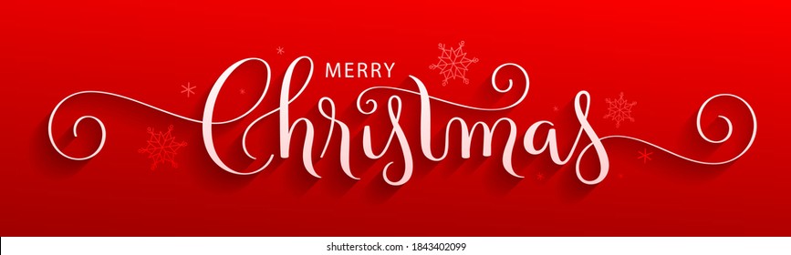 MERRY CHRISTMAS white vector brush calligraphy banner with spiral swashes and snowflakes on red background
