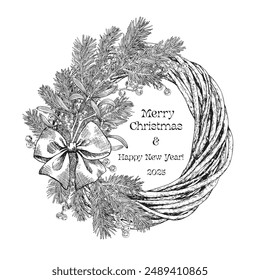 Merry Christmas wicker wreath with spruce branches, mistletoe and bow. Background for design greeting card, holiday decor. Black and white Vector vintage botanical illustration. Hand drawn elements