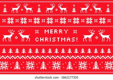 Merry Christmas wide greeting card with classical winter sweater design. Nordic knitted pattern with deers, snowflakes and borders. Traditional xmas background vector illustration