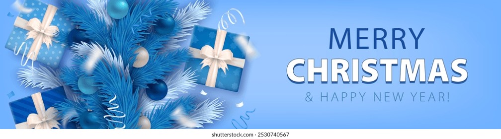 Merry Christmas wide greeting card with blue background, 3d gift boxes with bows, candy canes, realistic silver confetti and icy fir branches. Panoramic banner for New Year, Xmas holidays celebration