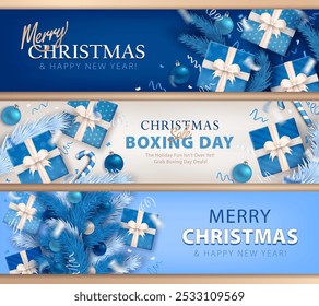 Merry Christmas wide greeting cards with blue, white backgrounds, 3d gift boxes, candy canes, realistic silver confetti and icy fir branches. Panoramic banners for New Year, Xmas holidays celebration