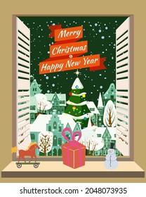 Merry Christmas window living room, interior holiday. House room decorated christmas tree retro toys, winter old town cityscape view. Vector illustration cartoon vintage style
