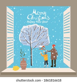 Merry Christmas Window view on winter Father and son feed birds snow trees. Lettering Vector poster banner illustration