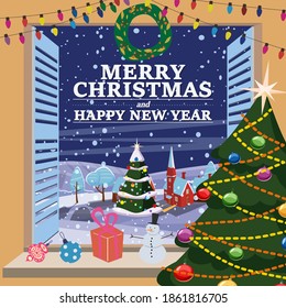 Merry Christmas Window view on winter old town, village night, christmas tree, New Year retro toys decorations. Vector illustration cartoon flat style