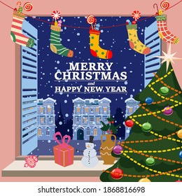 Merry Christmas Window view on winter old town, village night, socks with gifts, christmas tree, New Year retro toys decorations. Vector illustration cartoon flat style