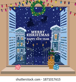 Feliz vista navideña en el casco antiguo de invierno, noche del pueblo, árbol de navidad, decoración de juguetes retro de Año Nuevo. Estilo plano de dibujos animados