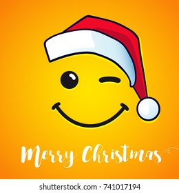 Merry Christmas winking smile and red hat santa greeting card. 2018 vector banner design with smile icon and santa claus hat
